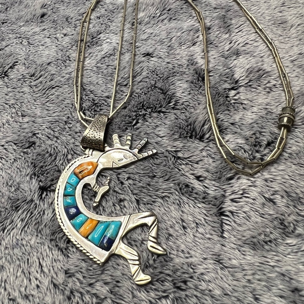 Sterling Silver Navajo Kokopelli Multi Stone Pendant Necklace